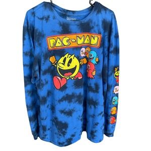 Pac-Man Shirt Adult Extra Large Blue Tie Dye Gaming Video Game Long Sleeve